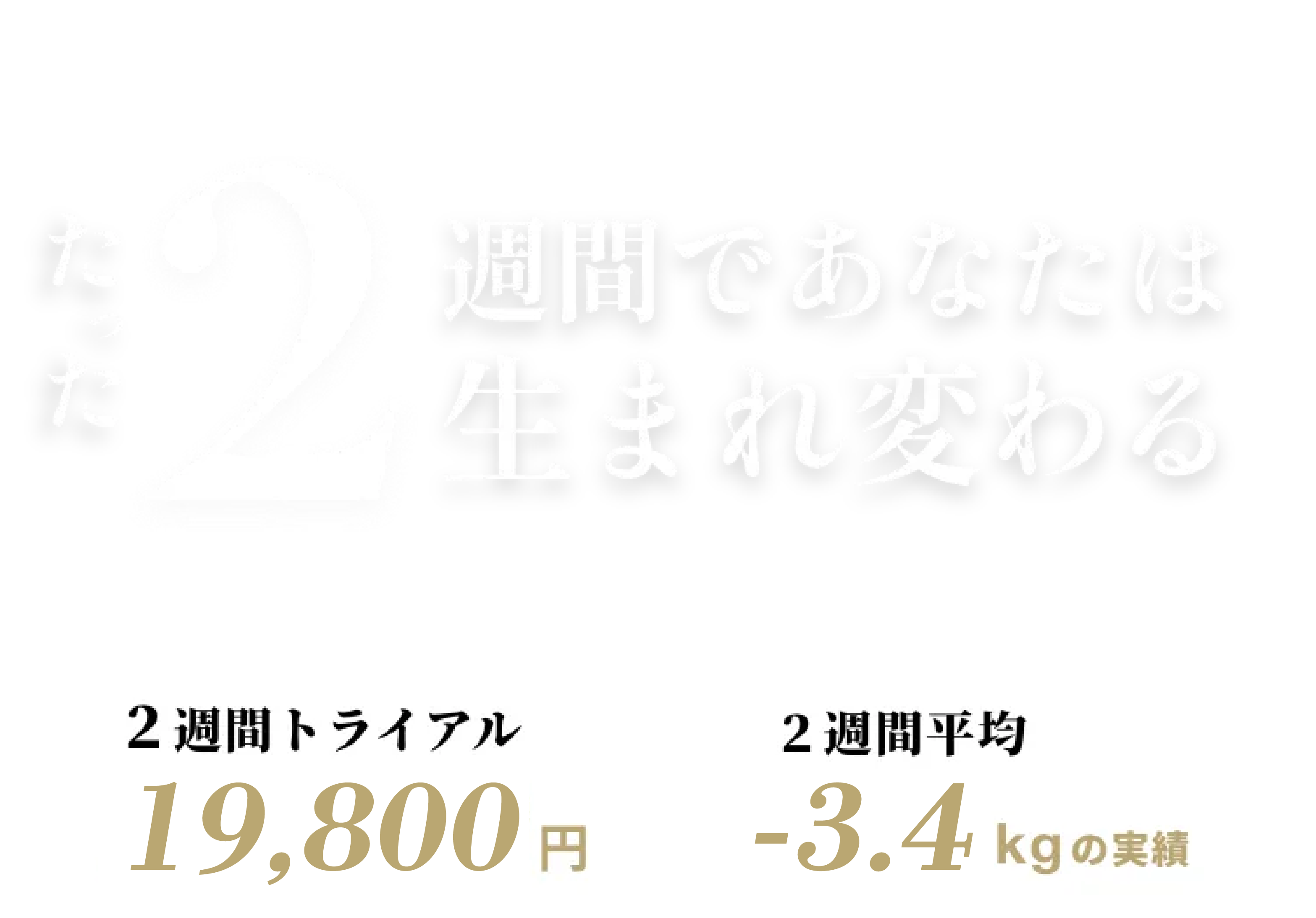 たった2週間であなたは生まれ変わる。2週間トライアル19,800円/2週間平均-3.4kgの実績